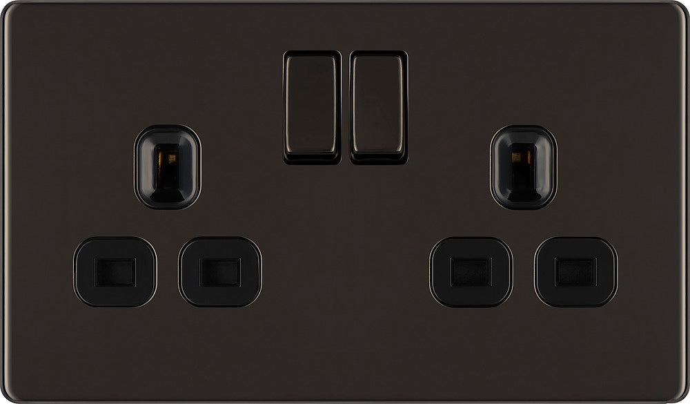 BG FBN22B Flatplate Screwless Double Socket 13A - Black Insert - Black Nickel - westbasedirect.com