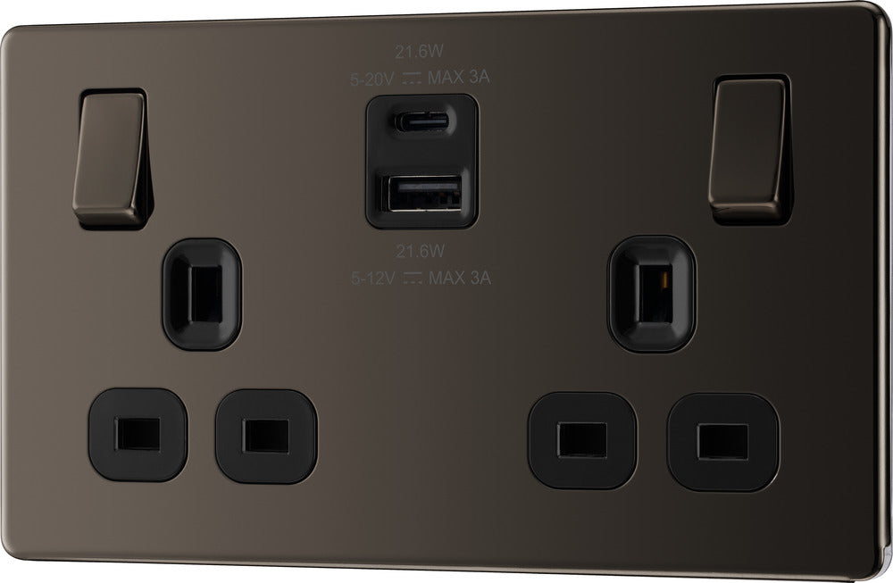 BG FBN22UAC22B Flatplate Screwless 13A Double Switched Power Socket + USB A+C (22W) - Black Nickel + Black Insert - westbasedirect.com