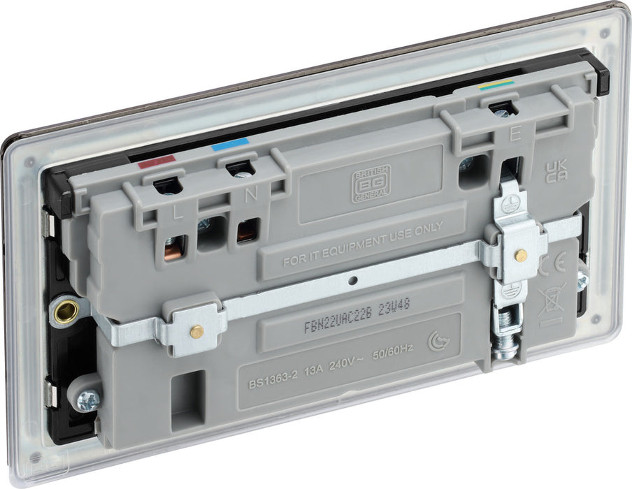 BG FBN22UAC22B Flatplate Screwless 13A Double Switched Power Socket + USB A+C (22W) - Black Nickel + Black Insert - westbasedirect.com