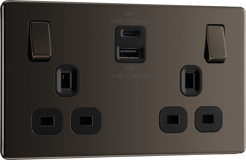 BG FBN22UAC45B Flatplate Screwless 13A Double Switched Power Socket + USB A+C (45W) - Black Nickel + Black Insert - westbasedirect.com
