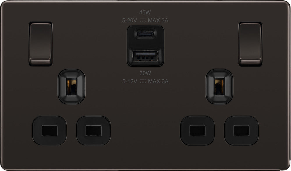 BG FBN22UAC45B Flatplate Screwless 13A Double Switched Power Socket + USB A+C (45W) - Black Nickel + Black Insert - westbasedirect.com