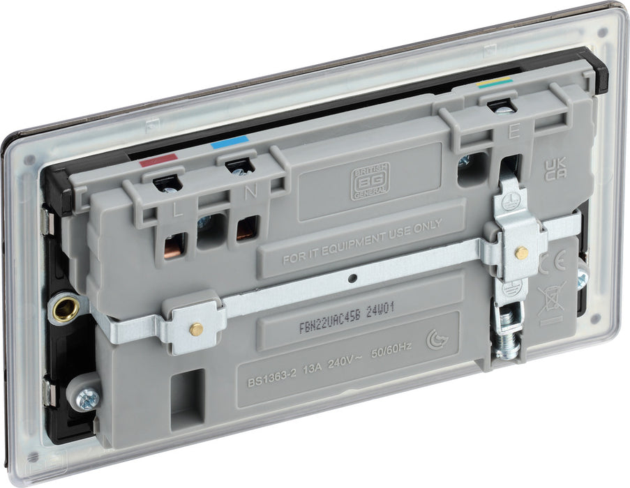 BG FBN22UAC45B Flatplate Screwless 13A Double Switched Power Socket + USB A+C (45W) - Black Nickel + Black Insert - westbasedirect.com