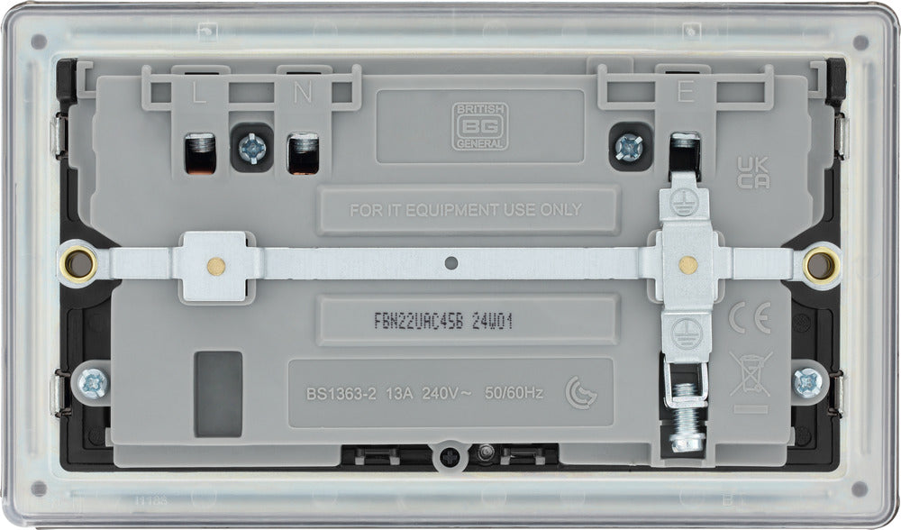 BG FBN22UAC45B Flatplate Screwless 13A Double Switched Power Socket + USB A+C (45W) - Black Nickel + Black Insert - westbasedirect.com