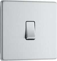 BG FBS12 Flatplate Screwless 20A 16AX 2 Way Single Light Switch - Brushed Steel