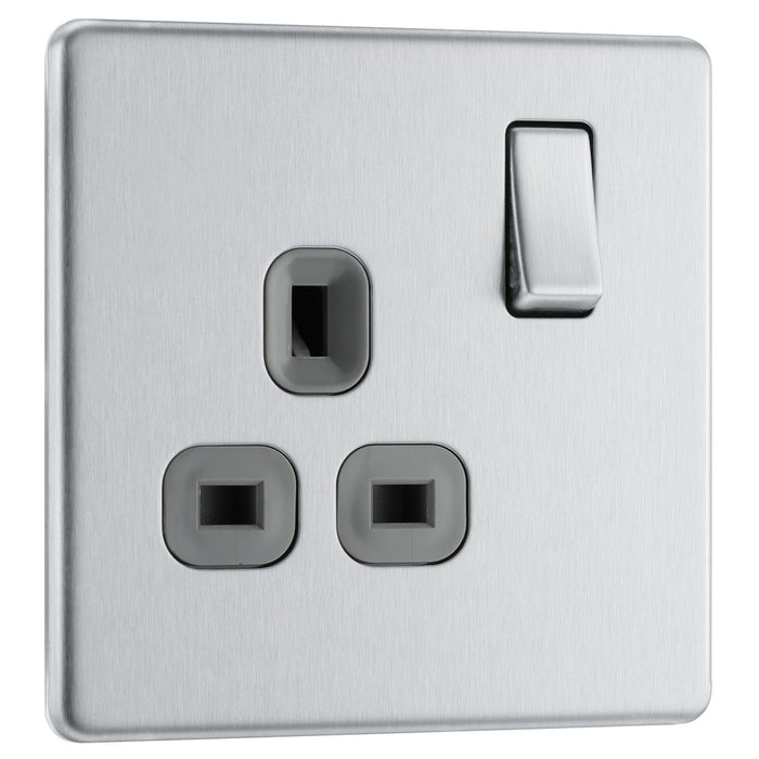BG FBS21G Flatplate Screwless Single Socket 13A - Grey Insert - Brushed Steel - westbasedirect.com