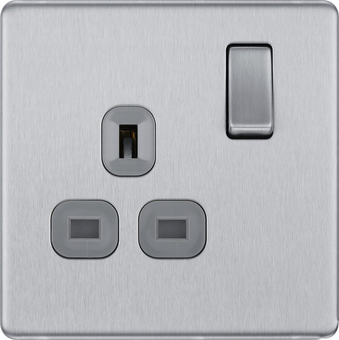 BG FBS21G Flatplate Screwless Single Socket 13A - Grey Insert - Brushed Steel - westbasedirect.com