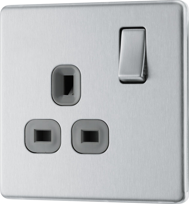 BG FBS21G Flatplate Screwless Single Socket 13A - Grey Insert - Brushed Steel - westbasedirect.com