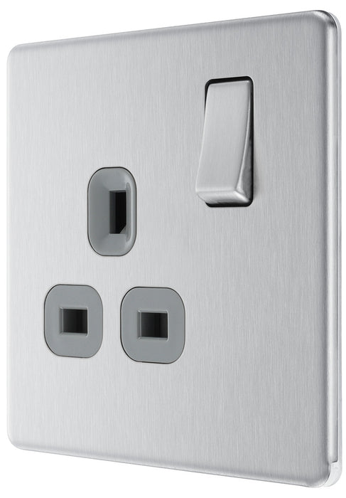 BG FBS21G Flatplate Screwless Single Socket 13A - Grey Insert - Brushed Steel - westbasedirect.com