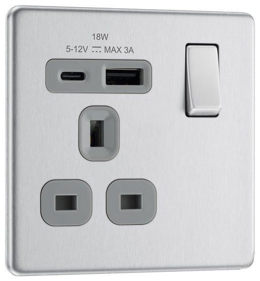 BG FBS21UAC18G Flatplate Screwless 13A Single Switched Power Socket + USB A+C (18W) - Brushed Steel + Grey Insert - westbasedirect.com