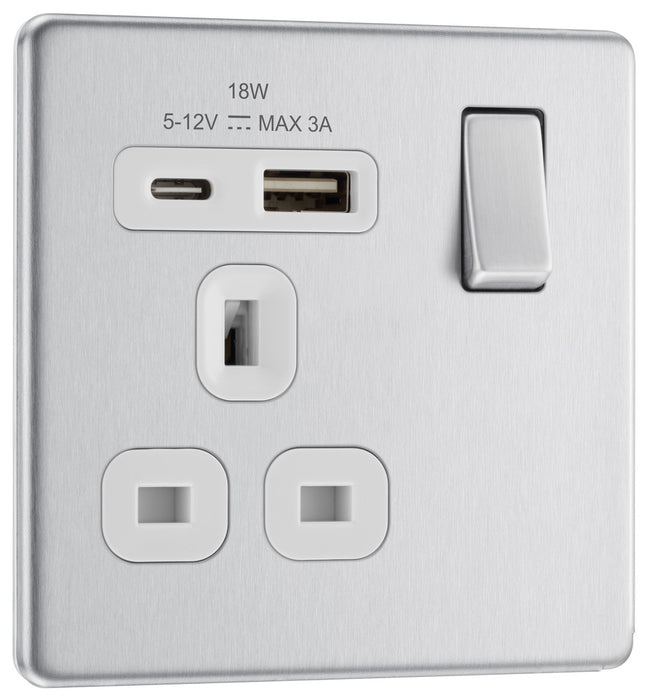 BG FBS21UAC18W Flatplate Screwless 13A Single Switched Power Socket + USB A+C (18W) - Brushed Steel + White Insert - westbasedirect.com