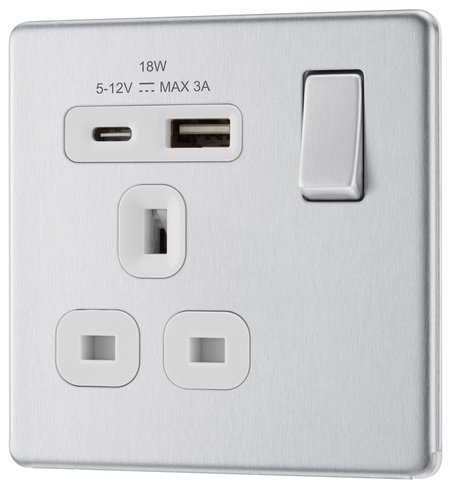BG FBS21UAC18W Flatplate Screwless 13A Single Switched Power Socket + USB A+C (18W) - Brushed Steel + White Insert - westbasedirect.com