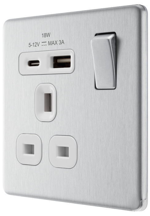 BG FBS21UAC18W Flatplate Screwless 13A Single Switched Power Socket + USB A+C (18W) - Brushed Steel + White Insert - westbasedirect.com