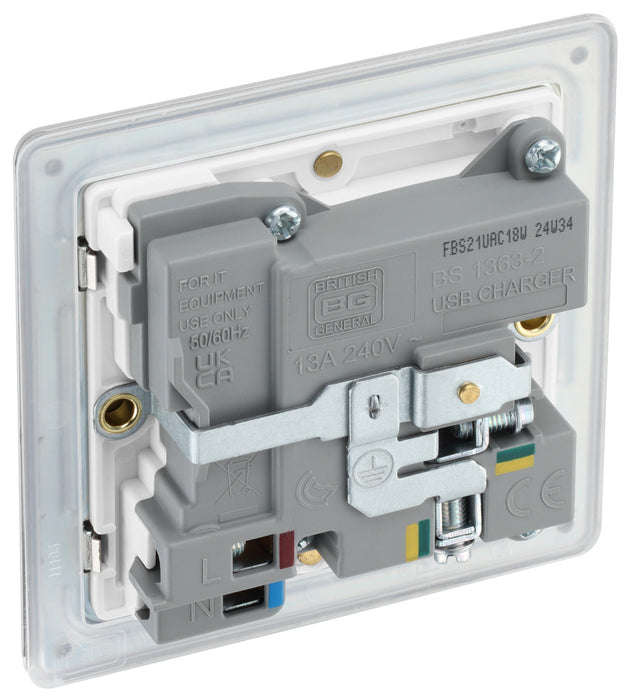 BG FBS21UAC18W Flatplate Screwless 13A Single Switched Power Socket + USB A+C (18W) - Brushed Steel + White Insert - westbasedirect.com