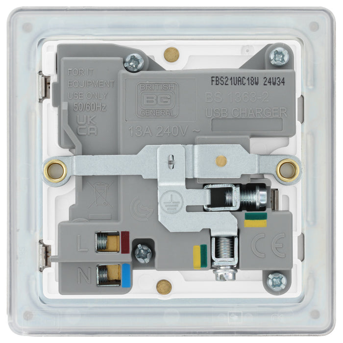 BG FBS21UAC18W Flatplate Screwless 13A Single Switched Power Socket + USB A+C (18W) - Brushed Steel + White Insert - westbasedirect.com