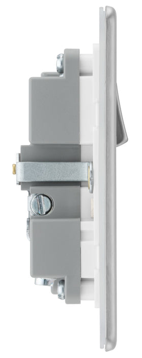 BG FBS21UAC18W Flatplate Screwless 13A Single Switched Power Socket + USB A+C (18W) - Brushed Steel + White Insert - westbasedirect.com