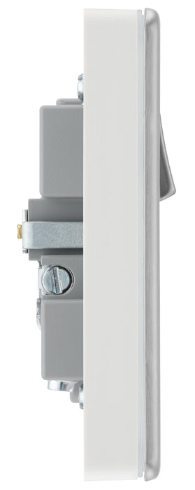 BG FBS21UAC18W Flatplate Screwless 13A Single Switched Power Socket + USB A+C (18W) - Brushed Steel + White Insert - westbasedirect.com