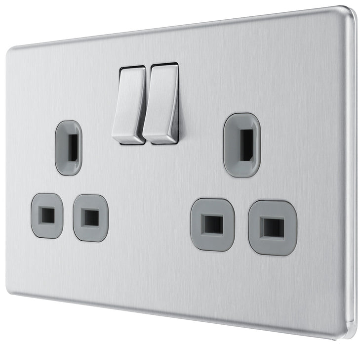 BG FBS22G Flatplate Screwless Double Socket 13A - Grey Insert - Brushed Steel - westbasedirect.com