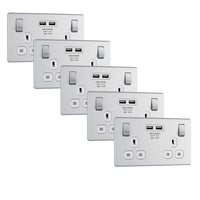 BG FBS22U3Wx5 Flatplate Screwless Double Socket + 2x USB(3.1A) - White Insert - Brushed Steel (5 Pack)