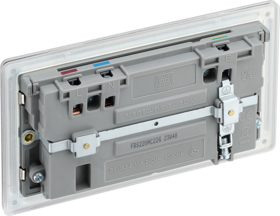 BG FBS22UAC22G Flatplate Screwless 13A Double Switched Power Socket + USB A+C (22W) - Brushed Steel + Grey Insert - westbasedirect.com