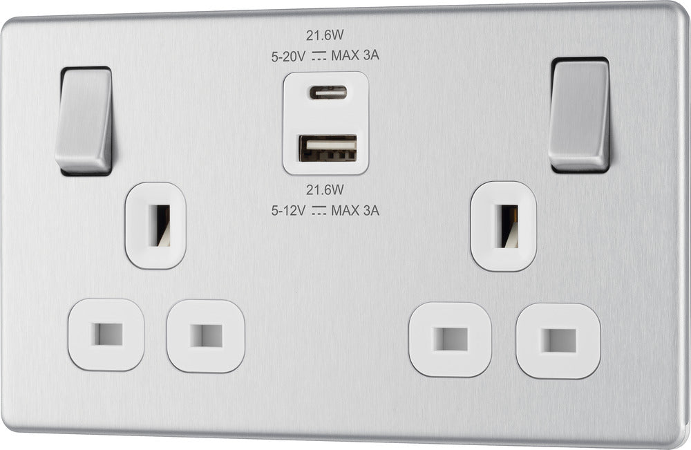BG FBS22UAC22W Flatplate Screwless 13A Double Switched Power Socket + USB A+C (22W) - Brushed Steel + White Insert - westbasedirect.com