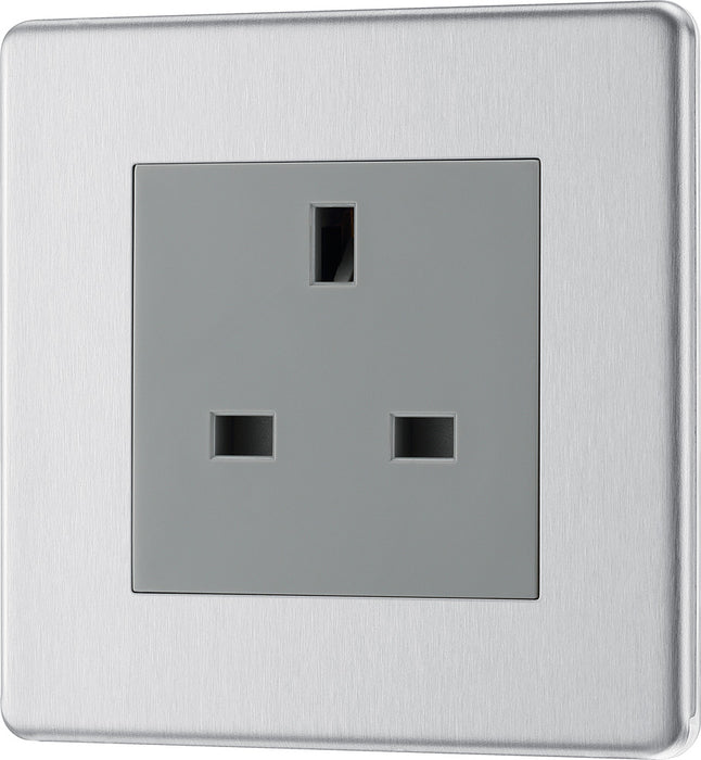 BG FBS23G Flatplate Screwless 1G 13A Unswitched Socket - Grey Insert - Brushed Steel - westbasedirect.com