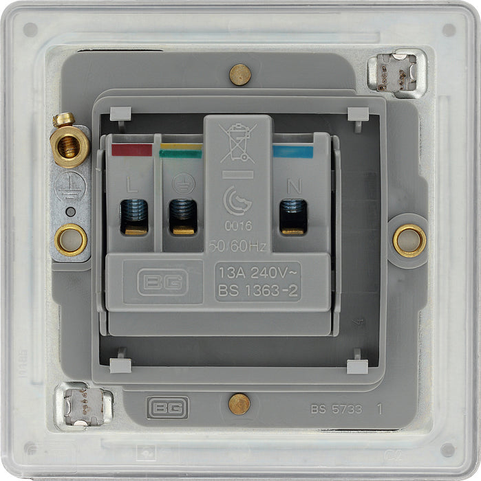 BG FBS23G Flatplate Screwless 1G 13A Unswitched Socket - Grey Insert - Brushed Steel - westbasedirect.com