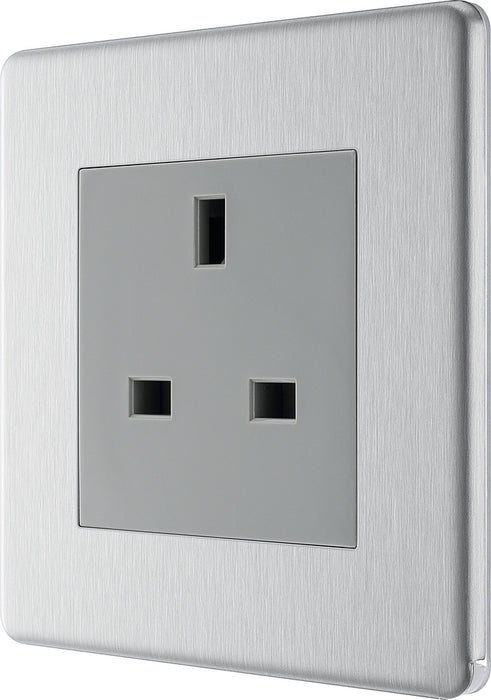 BG FBS23G Flatplate Screwless 1G 13A Unswitched Socket - Grey Insert - Brushed Steel - westbasedirect.com