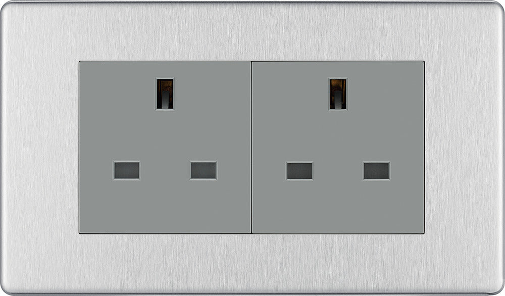 BG FBS24G Flatplate Screwless 2G 13A Unswitched Socket - Grey Insert - Brushed Steel - westbasedirect.com