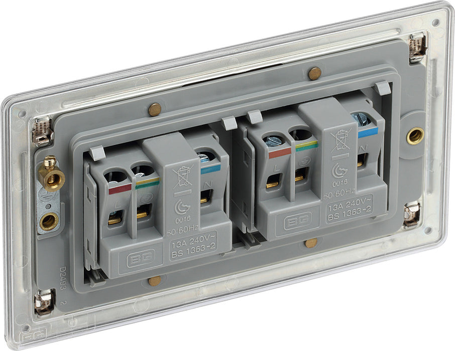 BG FBS24G Flatplate Screwless 2G 13A Unswitched Socket - Grey Insert - Brushed Steel - westbasedirect.com