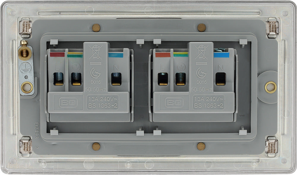 BG FBS24G Flatplate Screwless 2G 13A Unswitched Socket - Grey Insert - Brushed Steel - westbasedirect.com