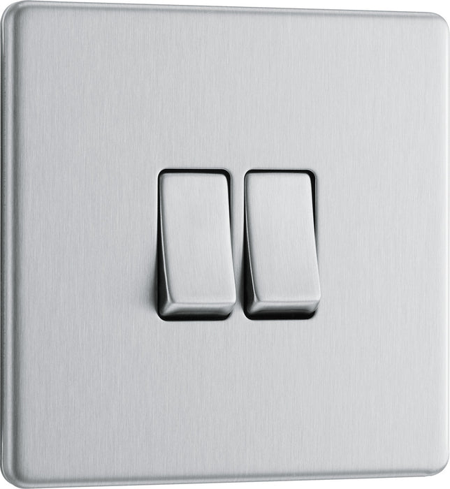 BG FBS42 Flatplate Screwless Double Light Switch 10A - Brushed Steel (5 Pack) - westbasedirect.com