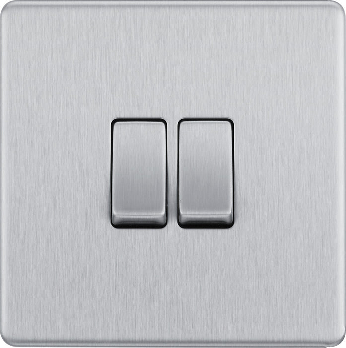 BG FBS42 Flatplate Screwless Double Light Switch 10A - Brushed Steel - westbasedirect.com