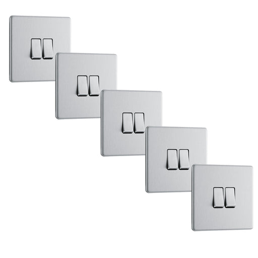 BG FBS42 Flatplate Screwless Double Light Switch 10A - Brushed Steel (5 Pack) - westbasedirect.com