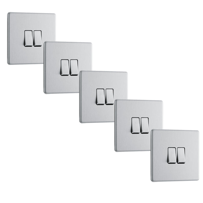 BG FBS42 Flatplate Screwless Double Light Switch 10A - Brushed Steel (5 Pack) - westbasedirect.com