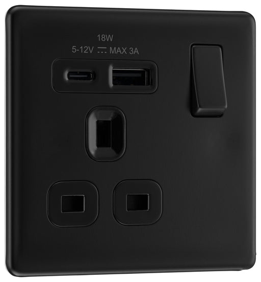 BG FFB21UAC18B Flatplate Screwless 13A Single Switched Power Socket + USB A+C (18W) - Matt Black + Black Insert - westbasedirect.com