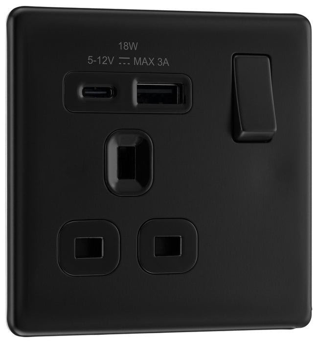 BG FFB21UAC18B Flatplate Screwless 13A Single Switched Power Socket + USB A+C (18W) - Matt Black + Black Insert - westbasedirect.com