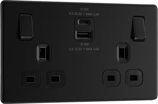 BG FFB22UAC22B Flatplate Screwless 13A Double Switched Power Socket + USB A+C (22W) - Matt Black + Black Insert - westbasedirect.com