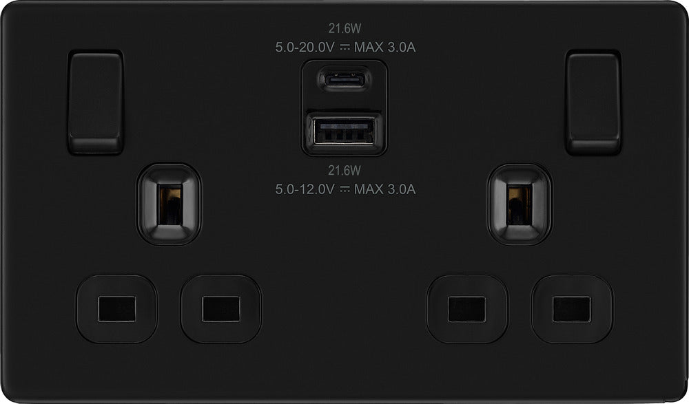 BG FFB22UAC22B Flatplate Screwless 13A Double Switched Power Socket + USB A+C (22W) - Matt Black + Black Insert - westbasedirect.com