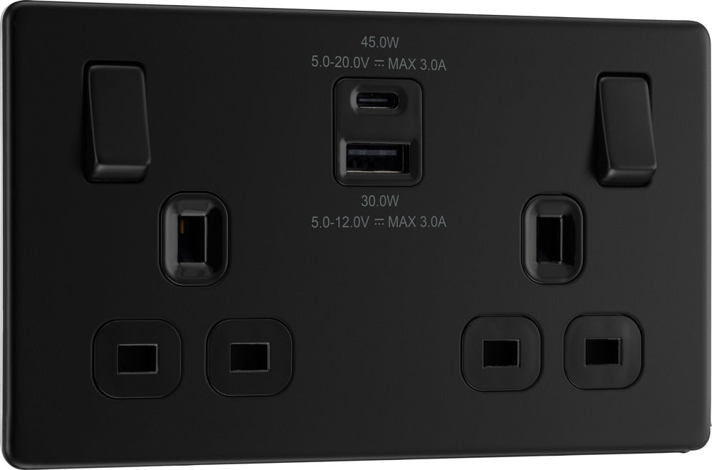 BG FFB22UAC45B Flatplate Screwless Double Socket + 2xUSB A+C(45W) - Black Insert - Matt Black - westbasedirect.com