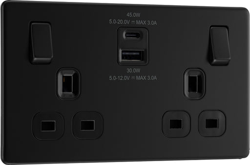 BG FFB22UAC45B Flatplate Screwless Double Socket + 2xUSB A+C(45W) - Black Insert - Matt Black - westbasedirect.com