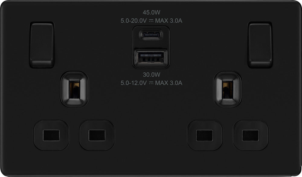 BG FFB22UAC45B Flatplate Screwless Double Socket + 2xUSB A+C(45W) - Black Insert - Matt Black - westbasedirect.com