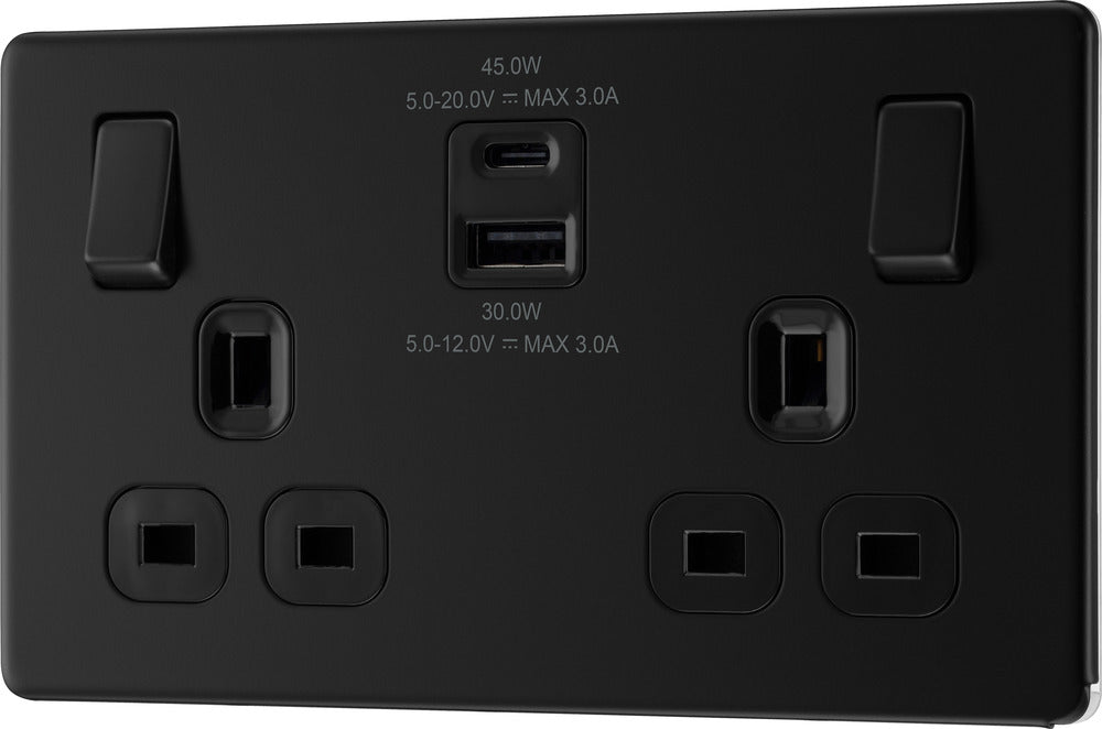 BG FFB22UAC45B Flatplate Screwless Double Socket + 2xUSB A+C(45W) - Black Insert - Matt Black - westbasedirect.com