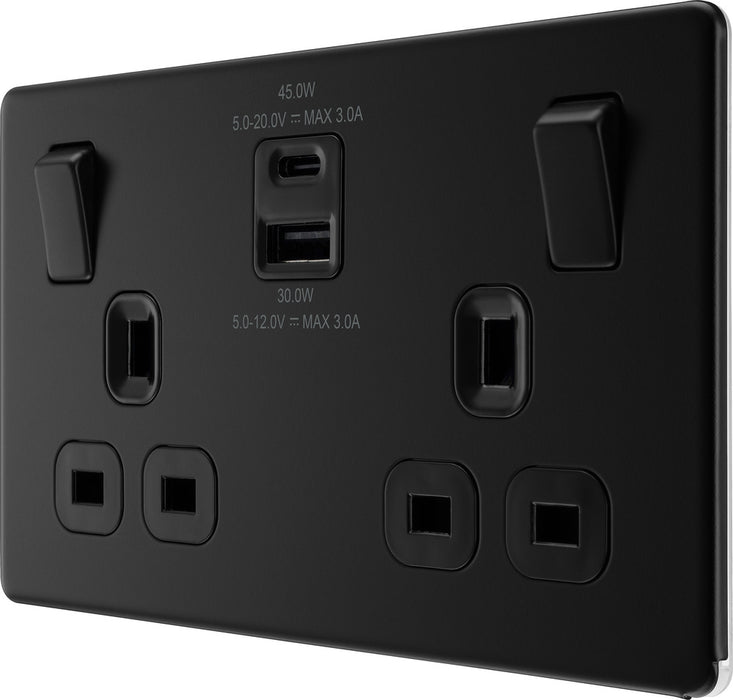 BG FFB22UAC45B Flatplate Screwless Double Socket + 2xUSB A+C(45W) - Black Insert - Matt Black - westbasedirect.com