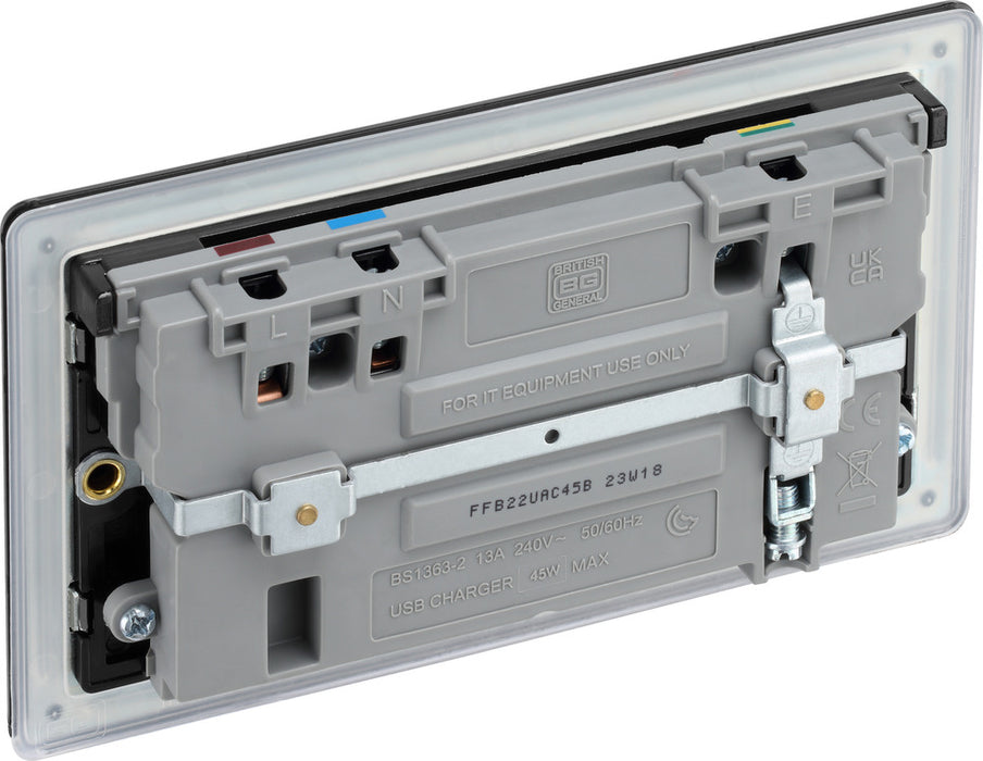 BG FFB22UAC45B Flatplate Screwless Double Socket + 2xUSB A+C(45W) - Black Insert - Matt Black - westbasedirect.com