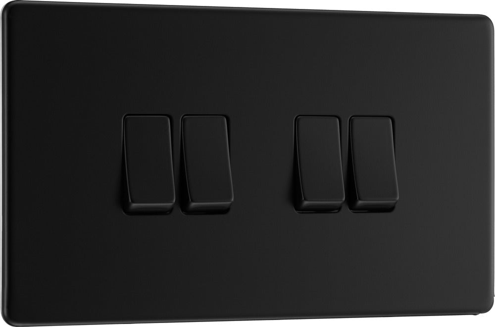 BG FFB44 Flatplate Screwless 20A 16AX 2 Way Quadruple Light Switch - Matt Black - westbasedirect.com