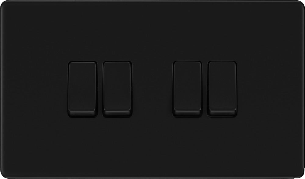 BG FFB44 Flatplate Screwless 20A 16AX 2 Way Quadruple Light Switch - Matt Black - westbasedirect.com