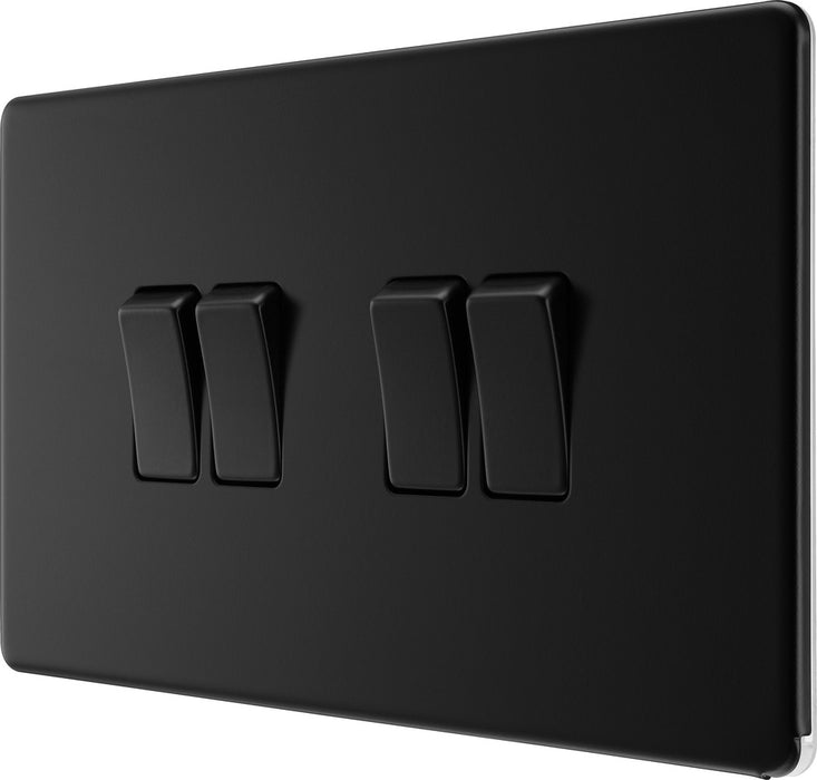 BG FFB44 Flatplate Screwless 20A 16AX 2 Way Quadruple Light Switch - Matt Black - westbasedirect.com