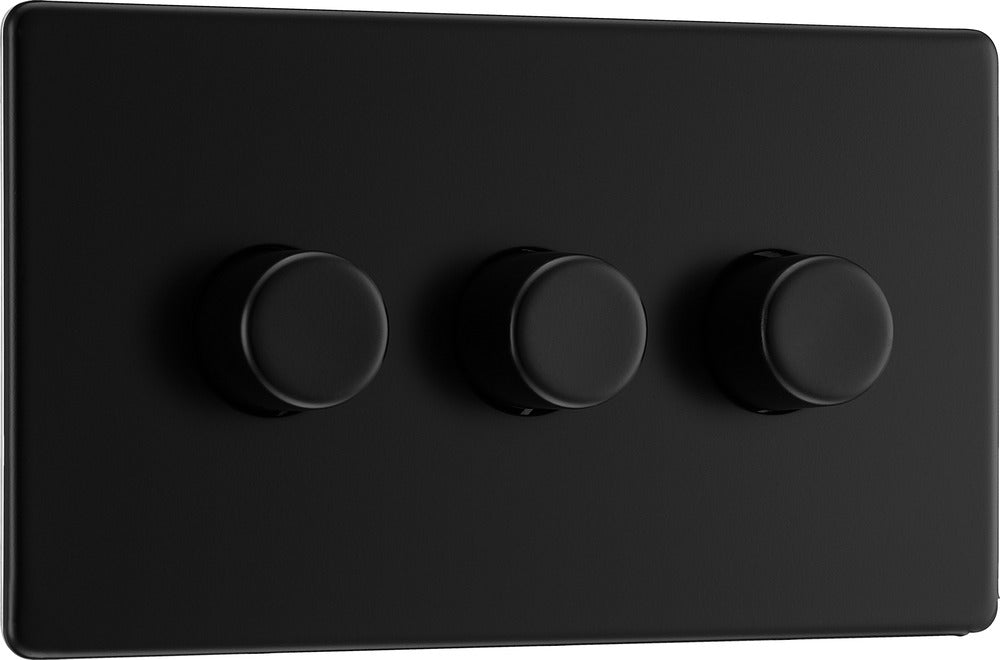 BG FFB83 Flatplate Screwless 2-Way Triple Intelligent Trailing Edge LED Dimmer Push On/Off - Matt Black - westbasedirect.com
