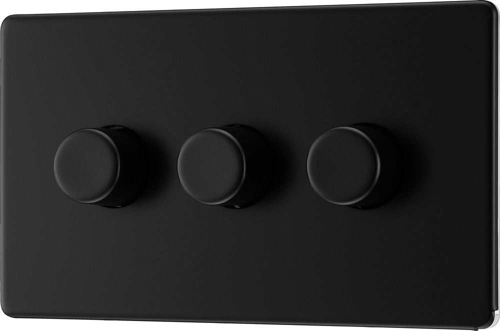BG FFB83 Flatplate Screwless 2-Way Triple Intelligent Trailing Edge LED Dimmer Push On/Off - Matt Black - westbasedirect.com