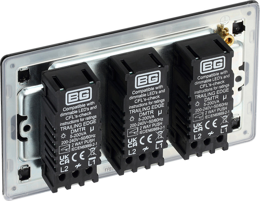 BG FFB83 Flatplate Screwless 2-Way Triple Intelligent Trailing Edge LED Dimmer Push On/Off - Matt Black - westbasedirect.com